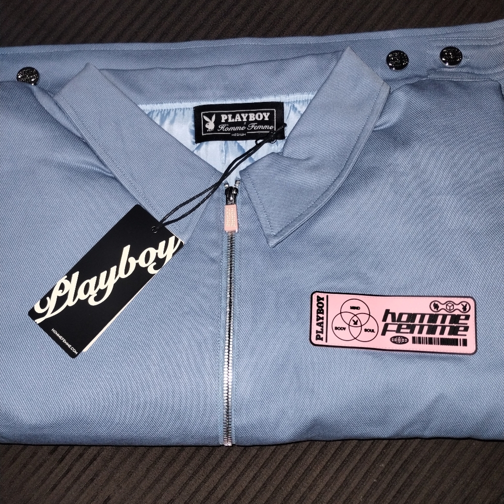 🔥NWT Homme-Femme Denim Blue Jacket with Lt Blue Quilted Satin Inner